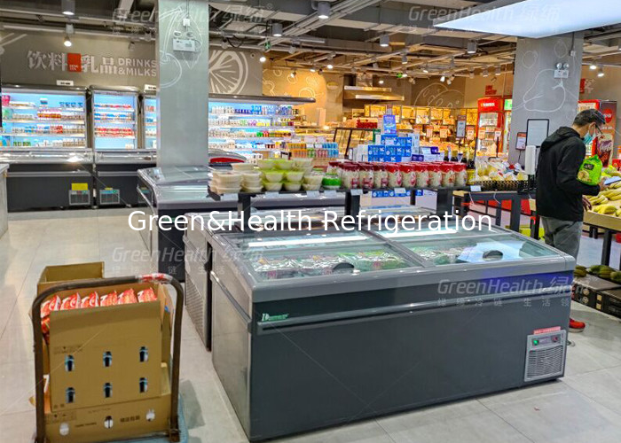 सुपरमार्केट चिकन आइलैंड डिस्प्ले फ्रीजर स्लाइडिंग डोर डीप रेफ्रिजरेटर उपकरण