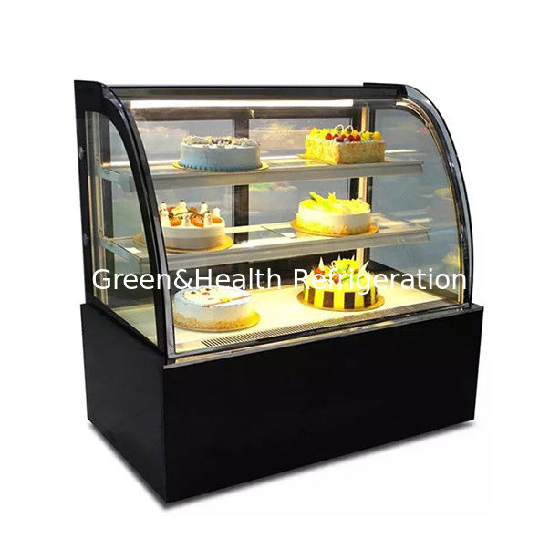 वाणिज्यिक उपयोग के लिए कई शेल्फ के साथ घुमावदार ग्लास स्टेनलेस स्टील केक डिस्प्ले फ्रीजर