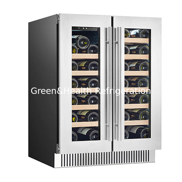 ईटीएल प्रमाणपत्र 68 बोतलें दो ग्लास दरवाजे दो स्वतंत्र तापमान क्षेत्र ओक लकड़ी के अलमारियाँ लाल शराब भंडारण रेफ्रिजरेटर फ्रीजर