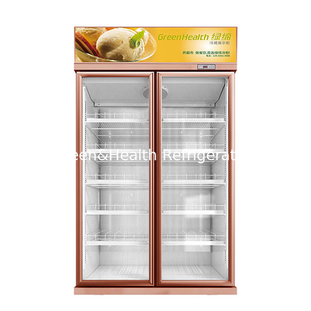 दोहरे कांच के दरवाजों वाला सुपरमार्केट पेय और पेय पदार्थ प्रशीतन प्रदर्शन फ्रीजर फ्रिज