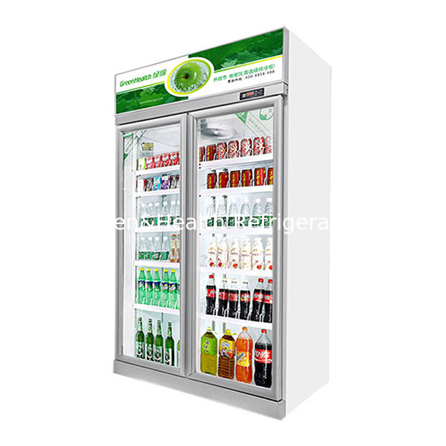 दोहरे कांच के दरवाजों वाला सुपरमार्केट पेय और पेय पदार्थ प्रशीतन प्रदर्शन फ्रीजर फ्रिज