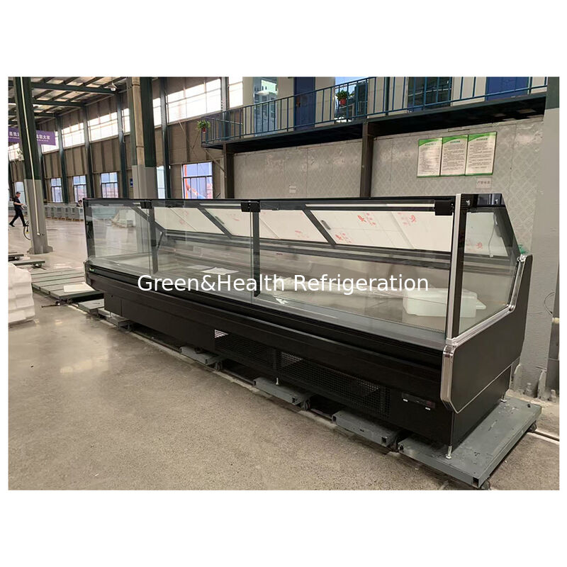 सुपरमार्केट स्टैटिक कूलिंग डिजाइन वाष्पीकरण गुरुत्वाकर्षण सेवा काउंटर मांस बीफ डिस्प्ले फ्रीजर