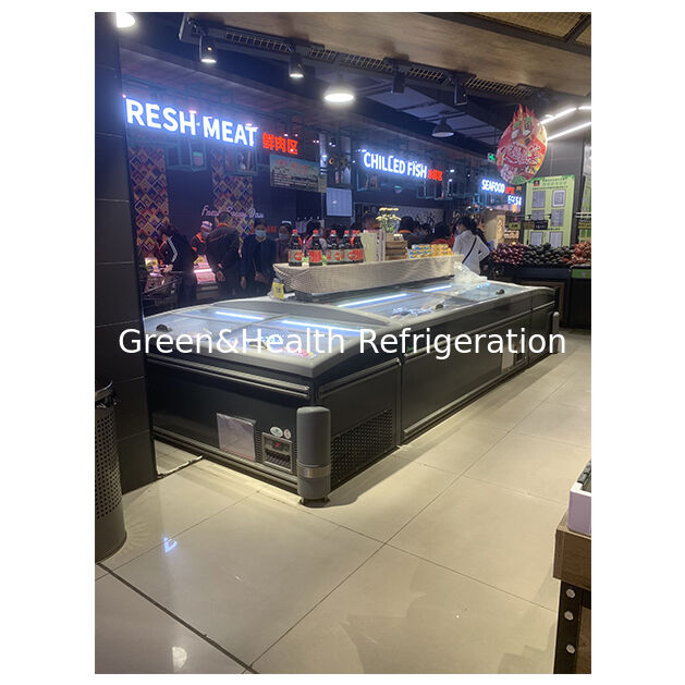 सुपरमार्केट/स्टोर क्षैतिज बड़ा जमे हुए खाद्य भंडारण प्रदर्शन द्वीप कैबिनेट रेफ्रिजरेटर