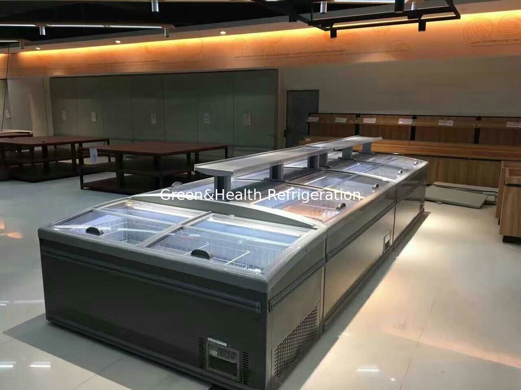 लचीला डिस्प्ले प्रकार का ग्लास डोर ऑटो डीफ्रॉस्टर सुपरमार्केट आइलैंड फ्रीजर