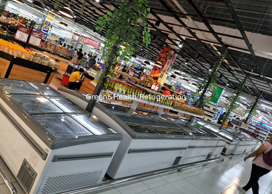 ऊर्जा - बचत सुपरमार्केट द्वीप फ्रीजर, कंप्रेसर Danfoss वाणिज्यिक रेफ्रिजरेटर में ओपन टॉप प्लग