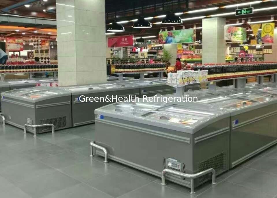 मांस के लिए स्लाइडिंग दरवाजा सुपरमार्केट संयुक्त द्वीप फ्रीजर