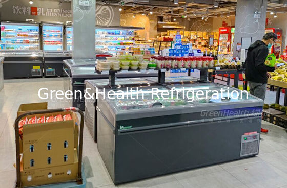 चेस्ट डीप आइलैंड फ्रीजर शोकेस कमर्शियल टॉप स्लाइड ग्लास डोर प्लग इन