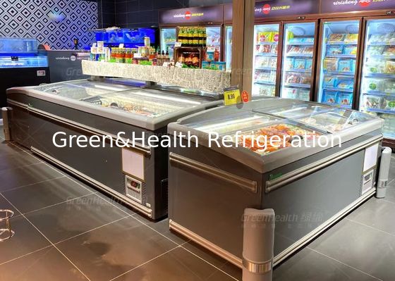 डायरेक्ट कूलिंग ग्लास टॉप आइलैंड चेस्ट फ्रीजर -22C बड़ी क्षमता 850L