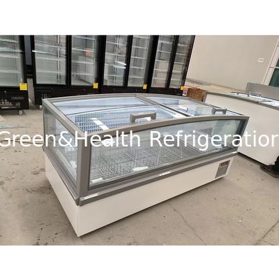 बड़ी खिड़की कांच डिस्प्ले कैबिनेट सुपरमार्केट द्वीप फ्रीजर आंतरिक उभरा एल्यूमीनियम के साथ