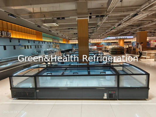 सुपरमार्केट आइलैंड फ्रीजर फ्रॉस्ट-फ्री डीप फ्रीजर मीट के लिए एलईडी लाइट के साथ