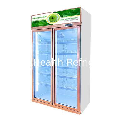 ऊपर की ओर इकाई ऊर्ध्वाधर स्टोर जिसमें दो डिफ़ॉगिंग ग्लास दरवाजे हैं, पेय पदार्थ प्रशीतन प्रदर्शन फ्रीजर